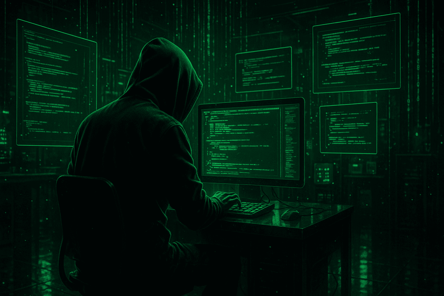 Hacker at glowing terminal